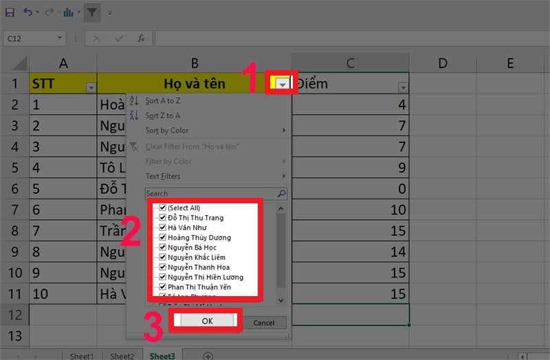 Nhấp vào nút "OK" để áp dụng bộ lọc