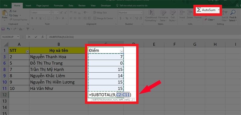 Sử dụng Subtotal để tính tổng giá trị trong Excel