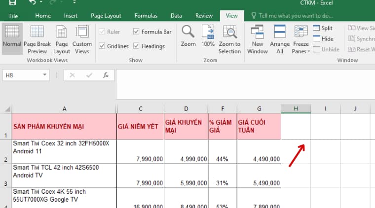 Cố định dòng đầu tiên trong file Excel