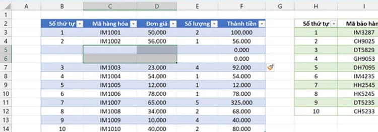 Cách thêm dòng trong Excel khi có bảng dữ liệu