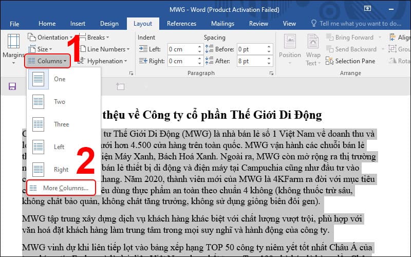 Click chọn mục More Columns