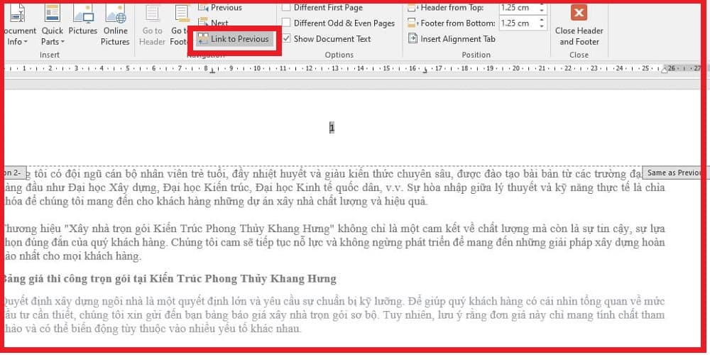 Nhấp vào nút Link to Previous