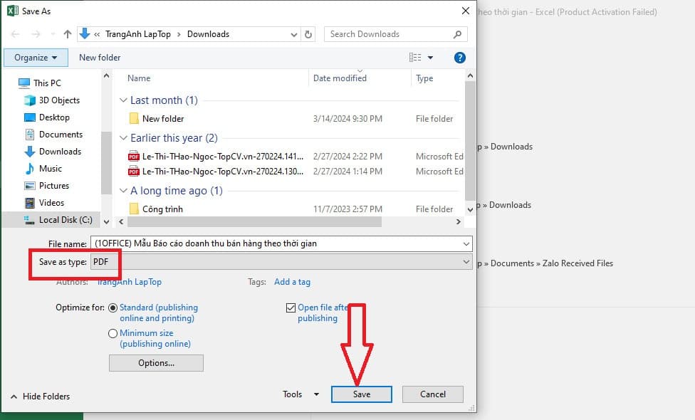 Nhấp vào Save để lưu file Excel dưới dạng PDF