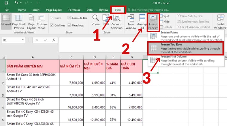 Chọn Freeze Top Row để cố định hàng đầu tiên