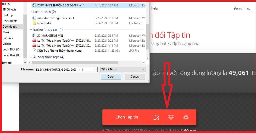 Nhấn vào nút "Chọn tập tin" màu đỏ