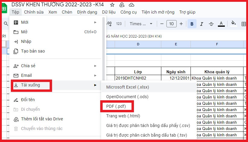 Cách chuyển Excel sang PDF trên Google Drive