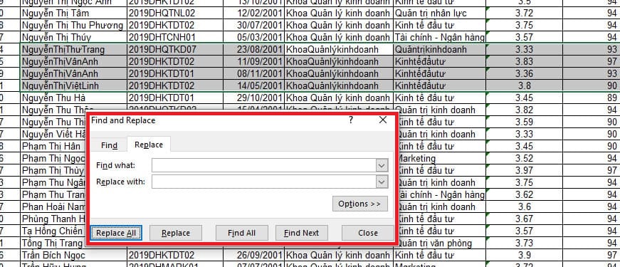 Sử dụng tổ hợp Find & Replace để xuống dòng trong Excel