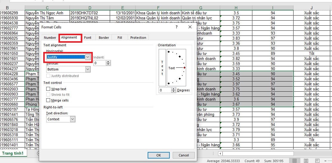 Xuống dòng trong Excel với Justify