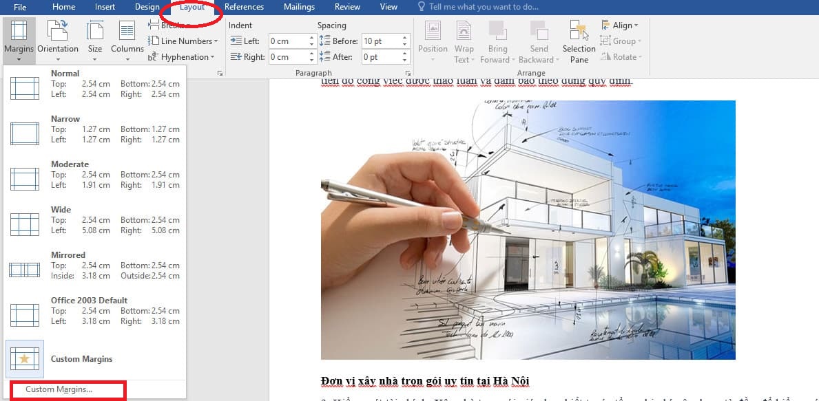 Nhấn vào Custom Margins 