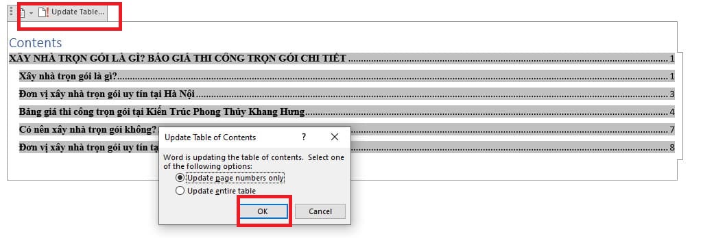 Hướng dẫn cách cập nhập mục lục tự động trong Word