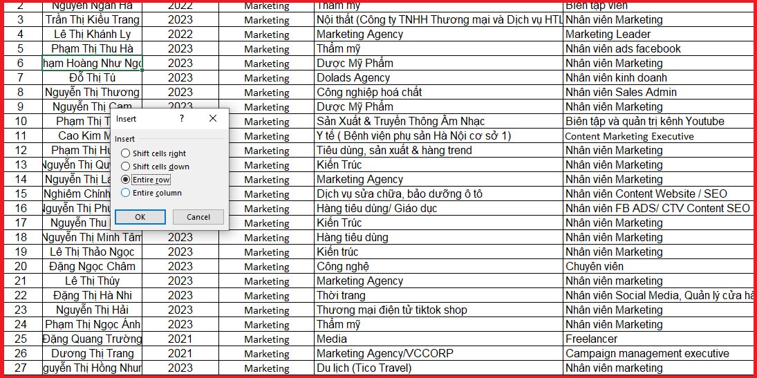 Cách thêm dòng trong Excel với menu chuột phải