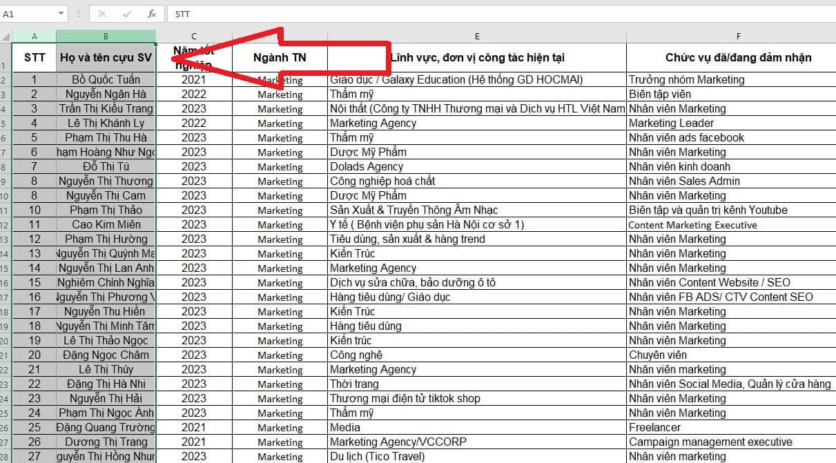 Xác định các cột cần cố định trong bảng tính Excel