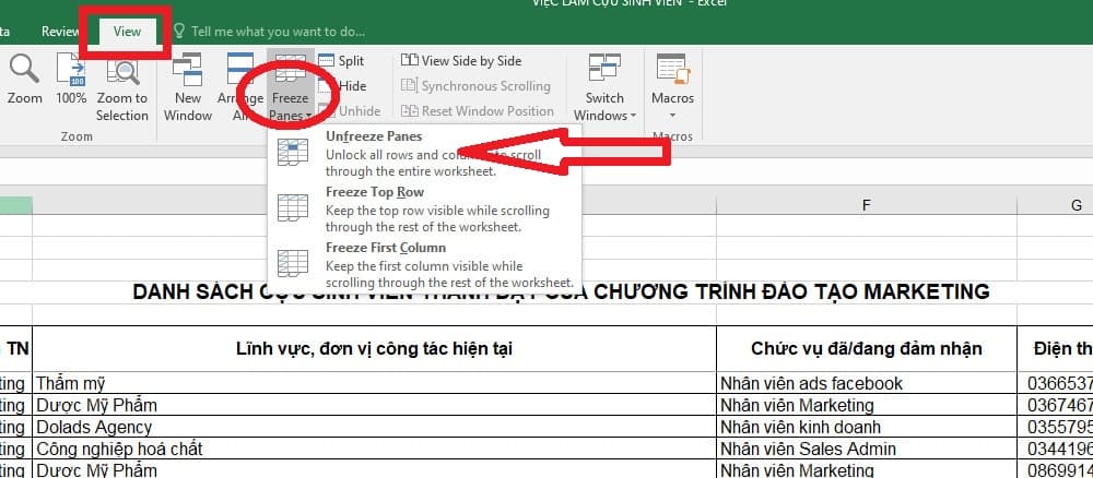 hủy cố định cột trong file Excel