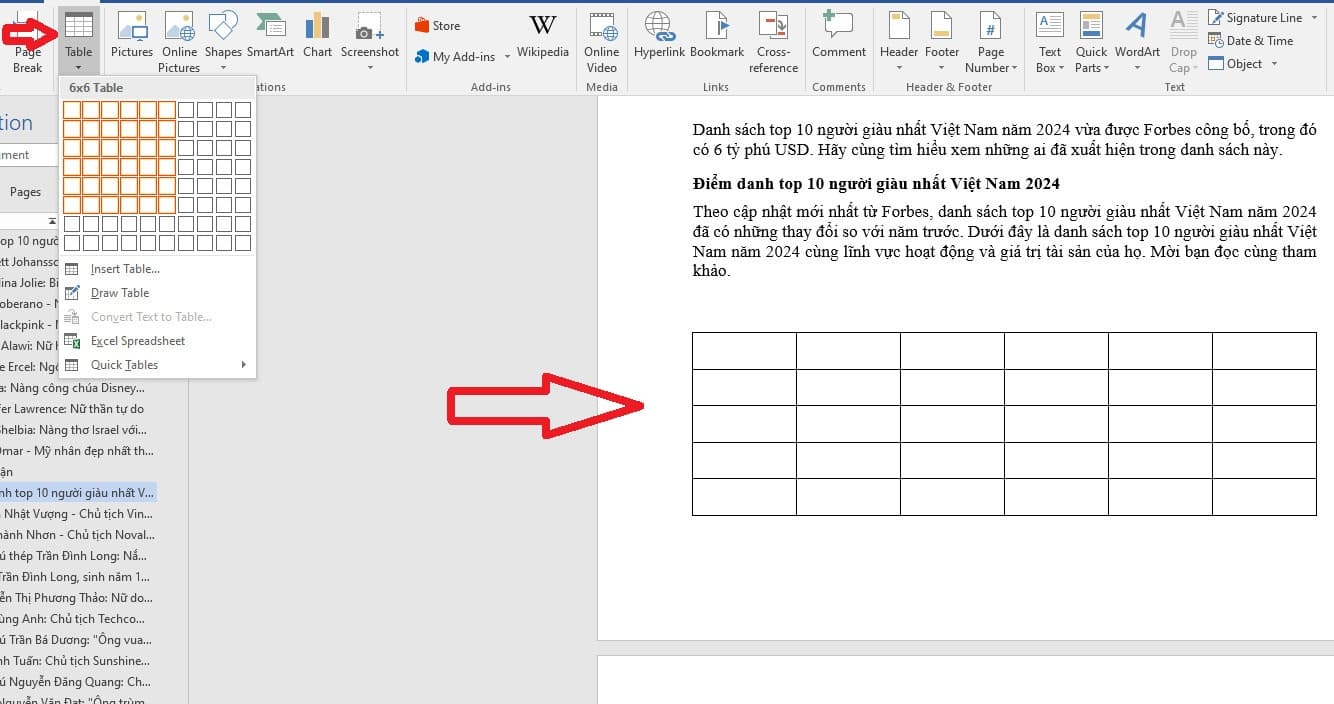 Cách tạo bảng trong Word với Table