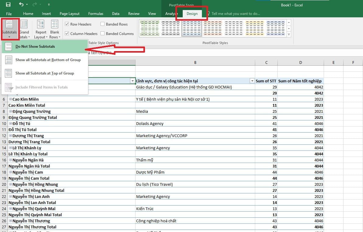 Chọn mục “Do Not Show Subtotals“