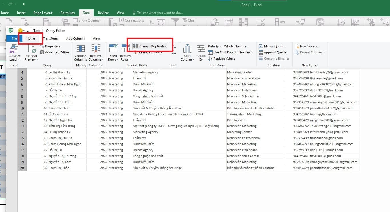 Chọn “Remove Duplicates” để xóa các bản ghi trùng lặp