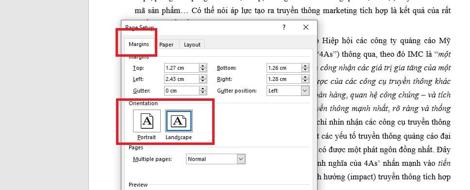 Chọn Landscape từ menu Orientation