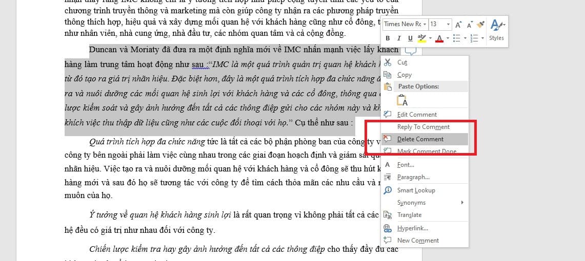 Cách xóa 1 comment trong Word bằng chuột phải