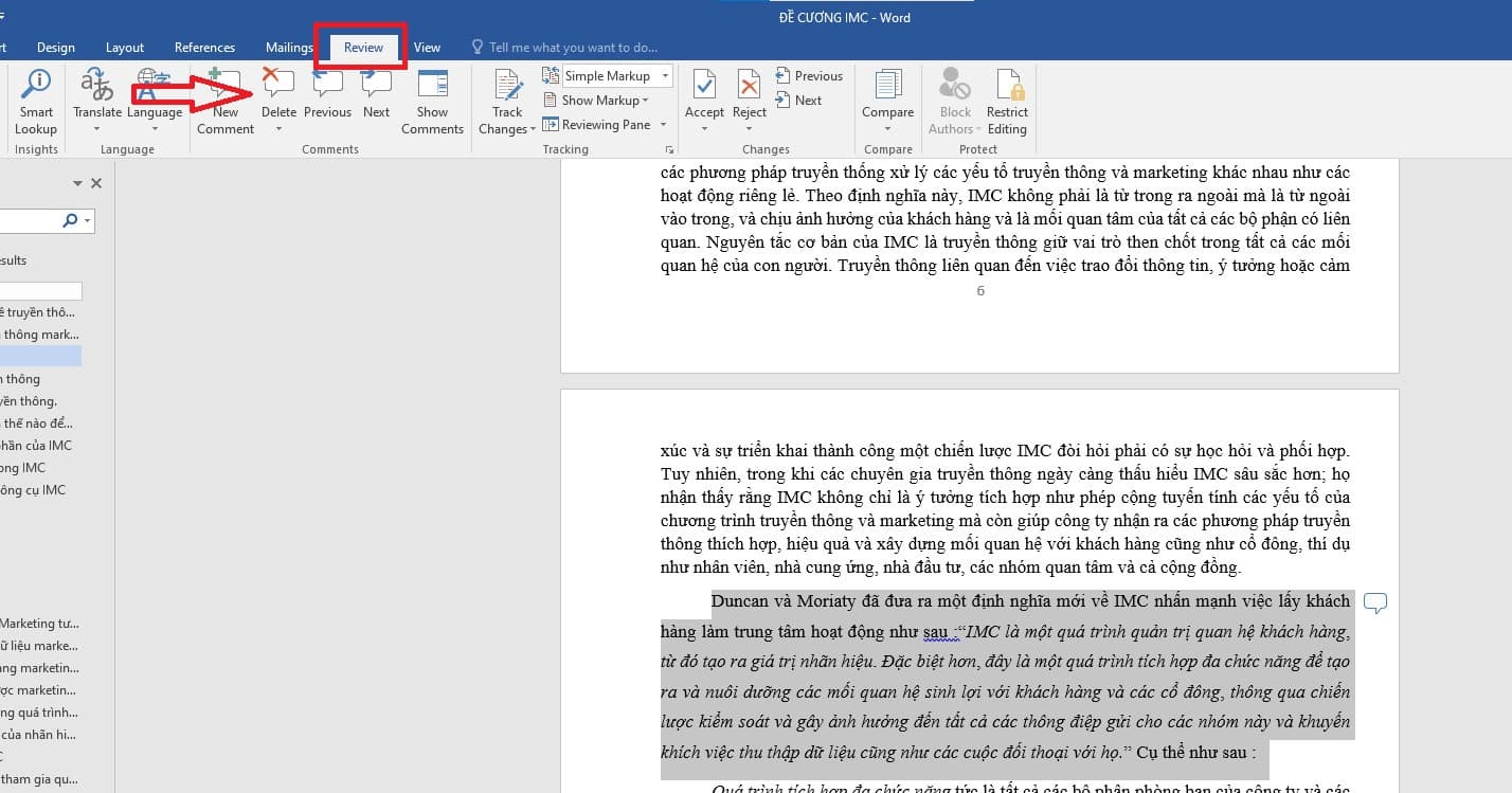 Xóa comment trong Word bằng tab Review