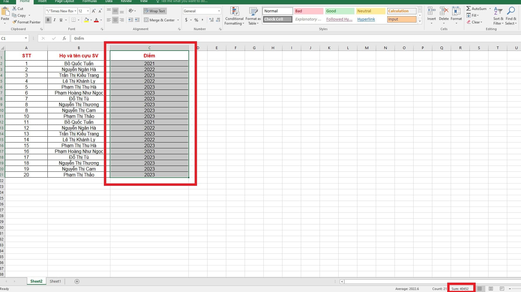 Cách tính tổng trong Excel với cột đơn giản