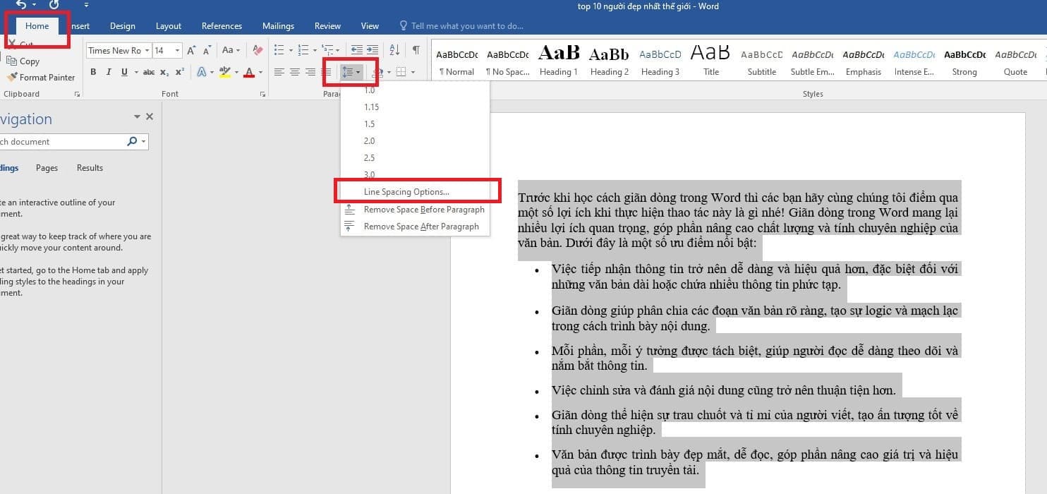 Nhấp vào Line Spacing Options