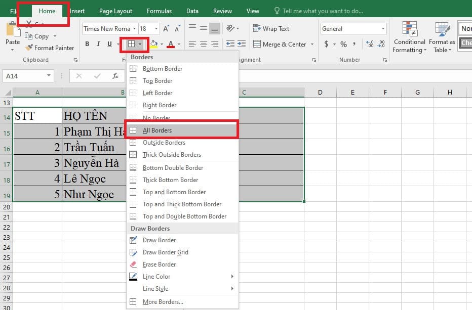 Kẻ bảng trong Excel bằng Border