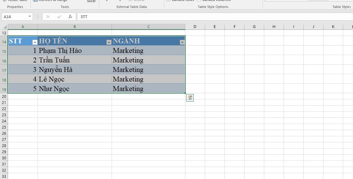 Cách tạo bảng trong Excel bằng Insert Table 