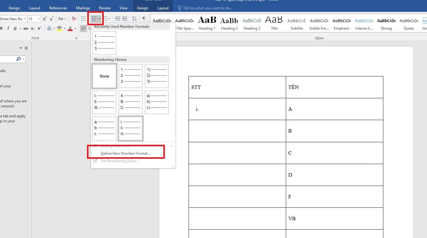 Chọn "Define New Numbering Format"