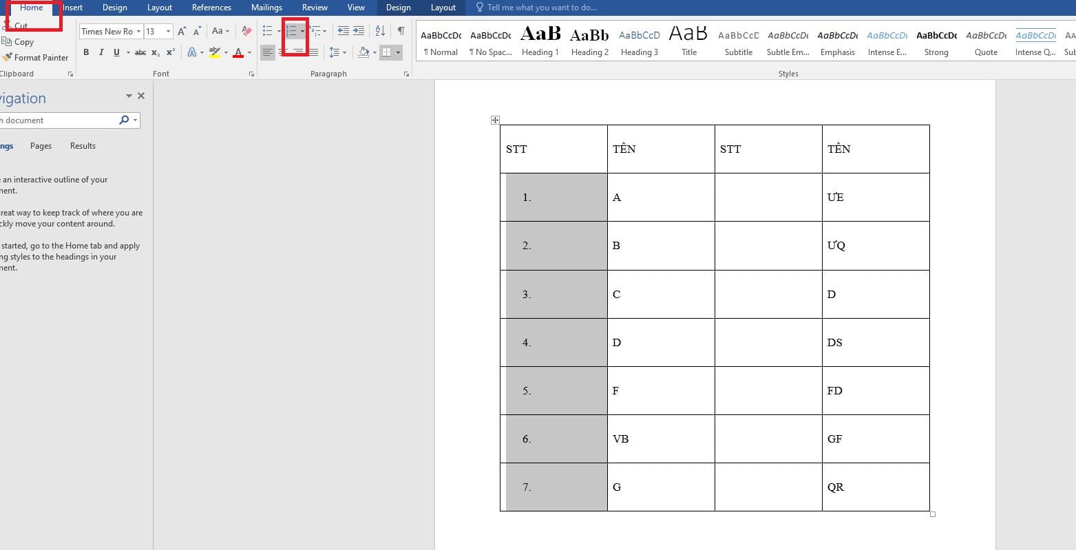 Nhấn vào nút "Numbering"