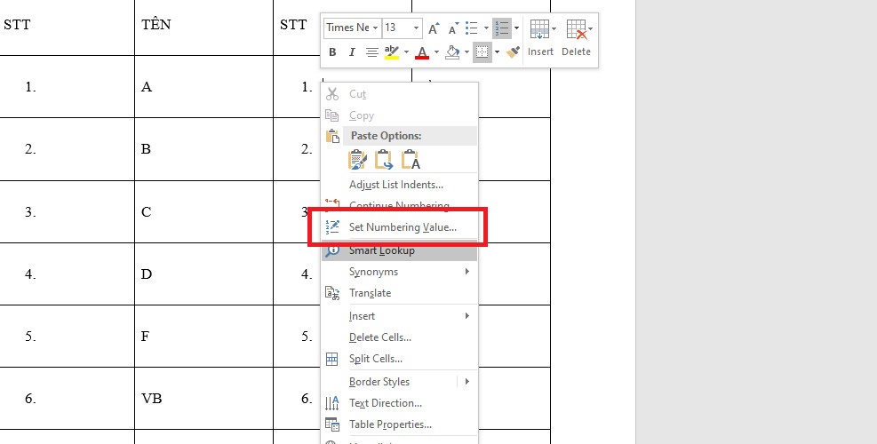 Chọn "Set Numbering Value"