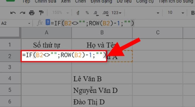 Nhập công thức vào ô muốn đánh số thứ tự