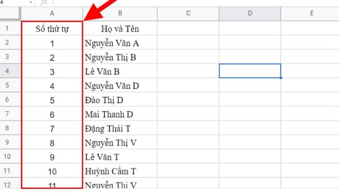 Đánh số thứ tự trong Google Sheet bằng hàm ROW