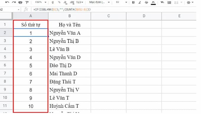 Đánh số thứ tự trong Google Sheet với hàm COUNTA