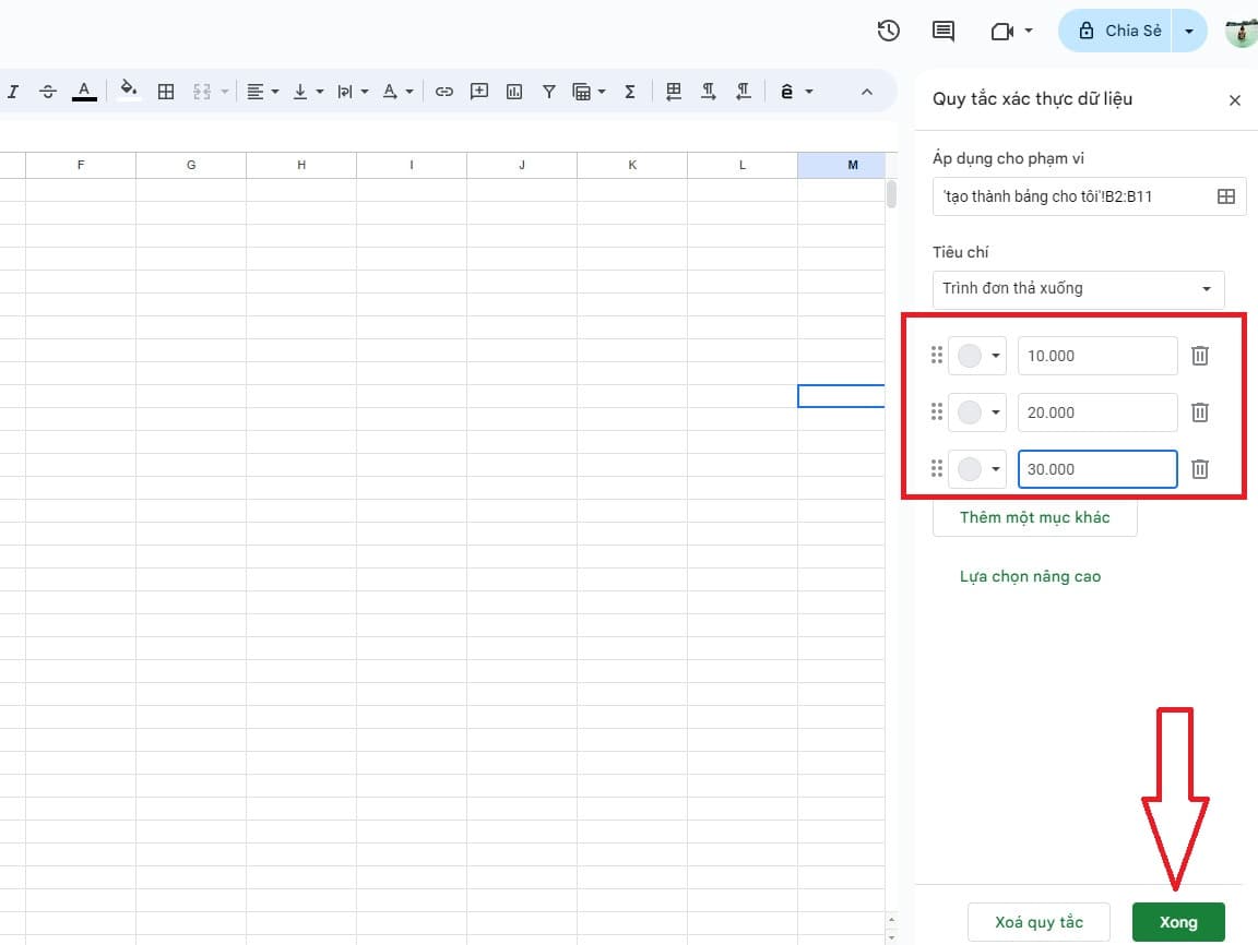 Tạo danh sách thả xuống trong Google Sheets bằng cách tự nhập