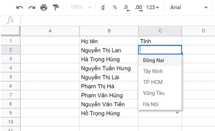 Tạo danh sách thả xuống trong Google Sheets khi đã có sẵn dữ liệu trong bảng tính
