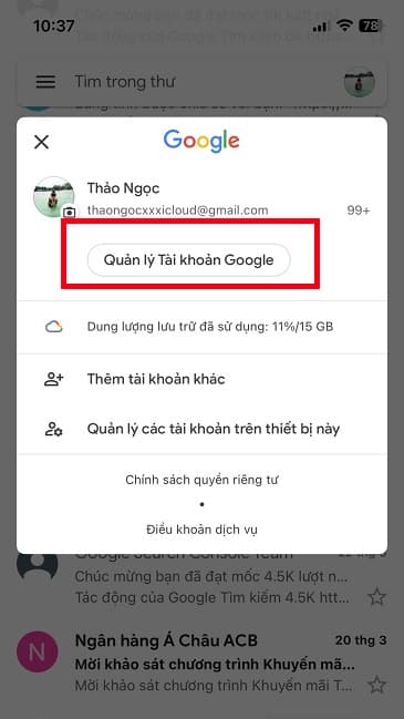  Chọn "Quản lý Tài khoản Google"