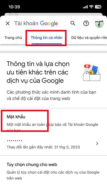 Chọn "Mật khẩu"