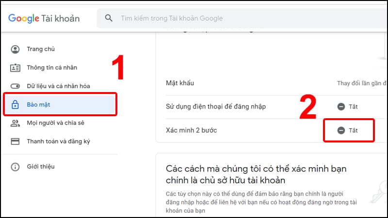 Bật tính năng Xác minh 2 bước