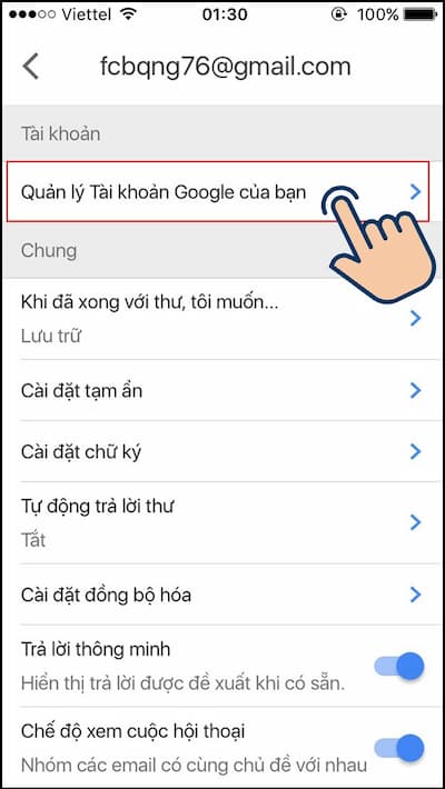 Chọn mục Quản lý tài khoản Google của bạn