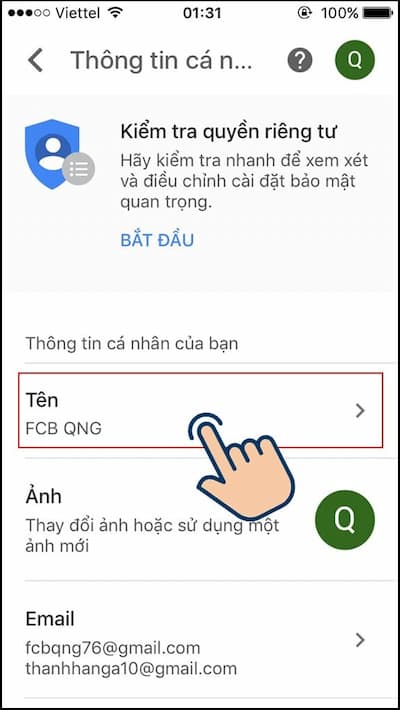 Chọn mục Tên