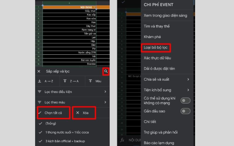 Cách tạo bộ lọc trong Google Sheets trên điện thoại