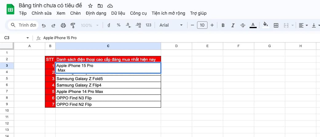 Dùng tổ hợp phím Alt + Enter để xuống dòng trong Google Sheets