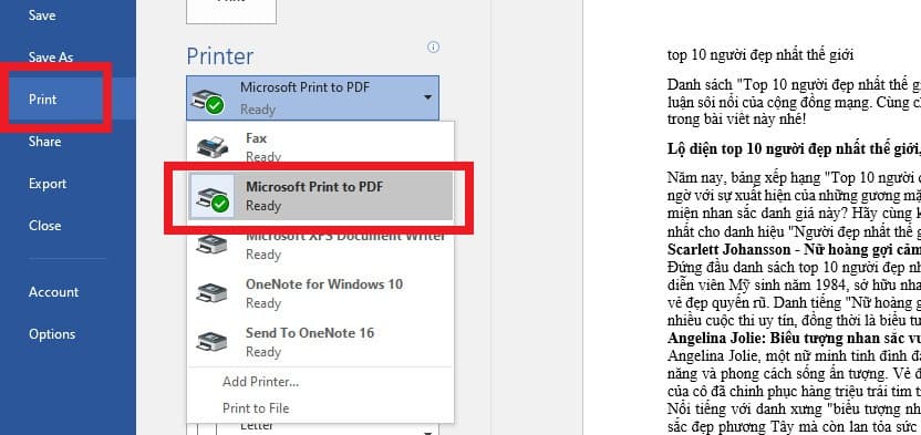 Chọn "Microsoft Print to PDF"