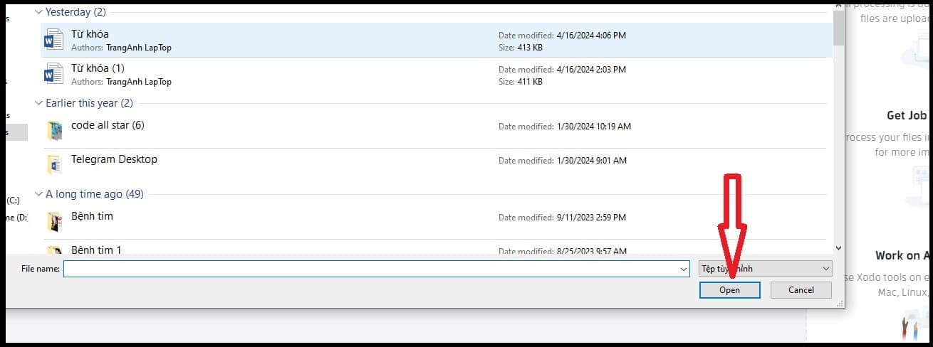 Nhấp vào nút "Open" 