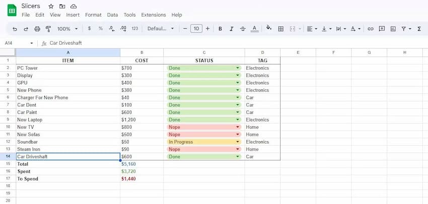 Cách dùng Slicers trên Google Sheets với bảng tính