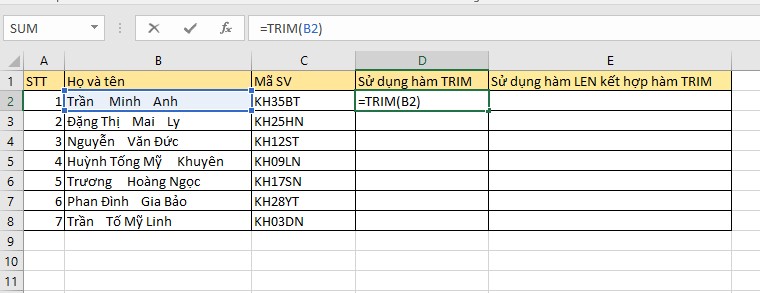 Hàm TRIM trong Excel