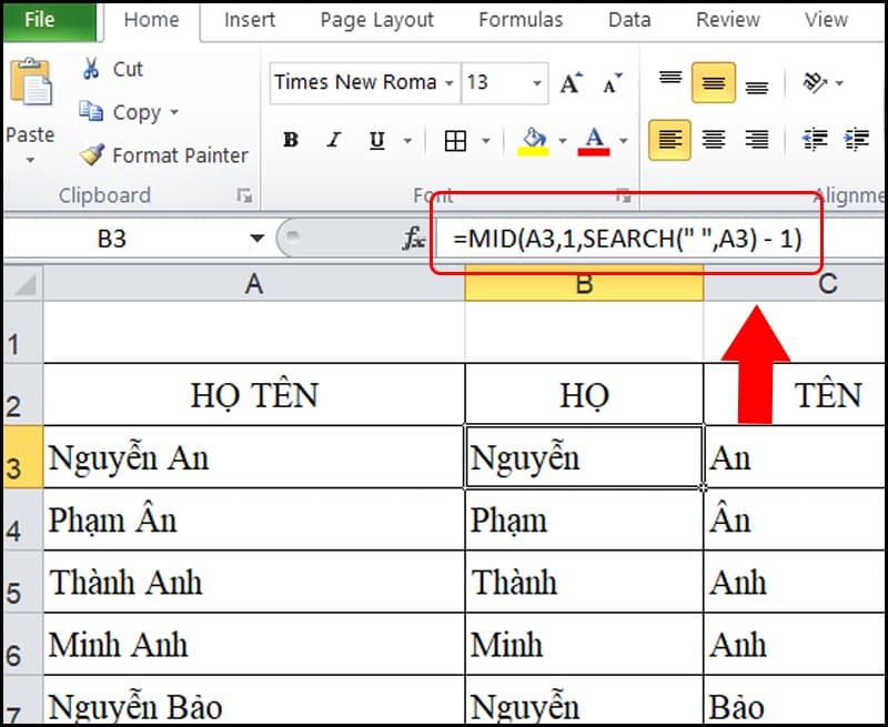 Công thức tách họ bằng hàm MID trong Excel