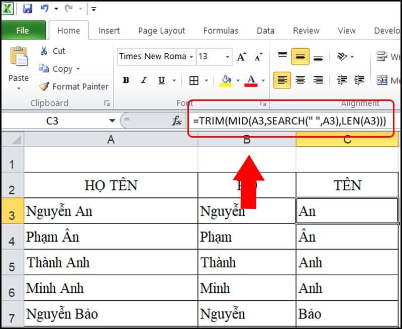 Công thức tách tên bằng hàm TRIM và MID trong Excel
