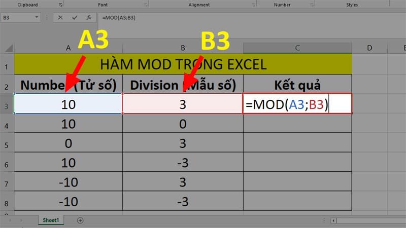 Ví dụ về hàm MOD trong Excel