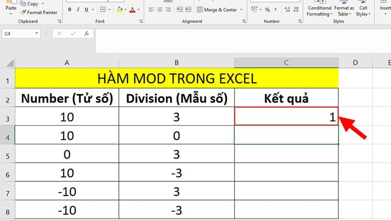 Kết quả của hàm Mod trả về